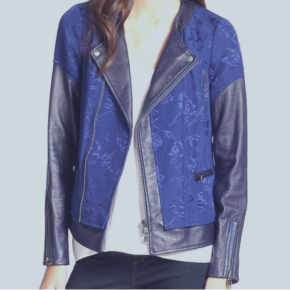 Rebecca Taylor Genuine Lamb Leather Midnight Floral Jacquard Jacket Size…